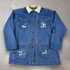 Vtg Lighthouse Coastal Cottagecore Jacket Sz M Denim Chore Coat Embroidered 90s